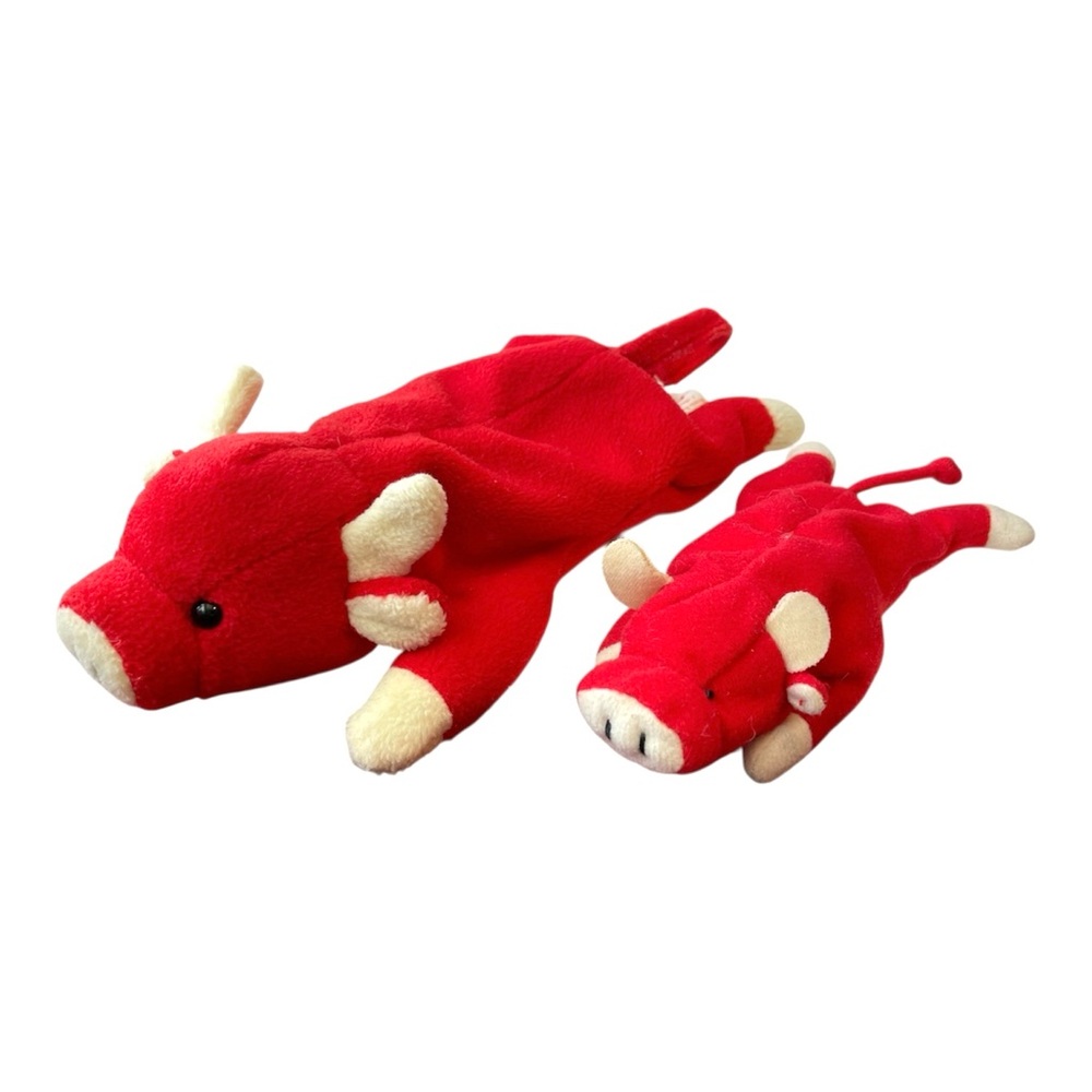 Vintage Ty Beanie Baby Snort the Bull Plush Toy PLUS Baby Bull 1995 Set of 2